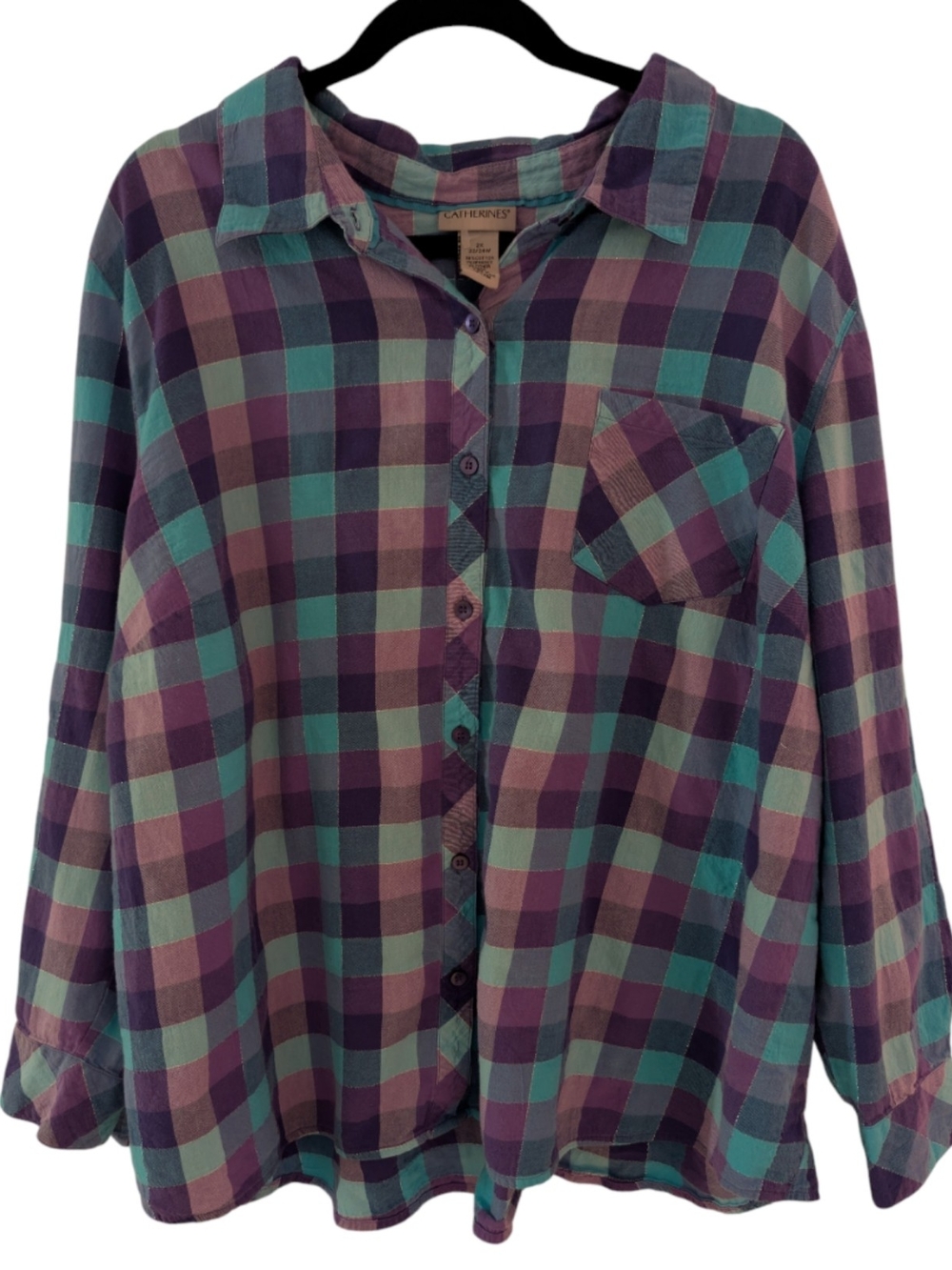 Catherines Blue and Purple Plaid Top Button Down Shirt Size 2X
